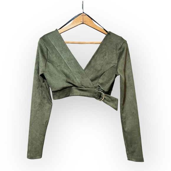 BEBE Faux Suede Kalamata Green Wrap Cropped Long Sleeve Top Small - Picture 3 of 9
